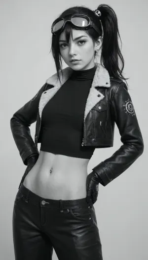 teriibol, 1girl, solo, long hair, breasts, looking at viewer, blush, simple background, gloves, long sleeves, tall, pose, white background, navel, hair between eyes, jacket, monochrome, greyscale, small breasts, parted lips, steampunk clothes, pants, t-shirt, mole, side ponytail, gear hair ornaments, open jacket, leather jacket, fur trim, hand on hip, large goggles, cropped jacket