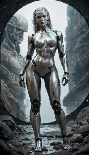 High resolution, super detailed, super realistic, Brunetka 25 lat, nude, silver skin, woman-cyborg, metallic skin, cyborg woman, steel skin, full body, perfect face, perfect metalic pussy, alien planet