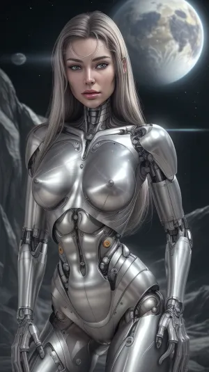 High resolution, super detailed, super realistic, Brunetka 25 lat, nude, silver skin, woman-cyborg, metallic skin, cyborg woman, steel skin, full body, perfect face, perfect metalic pussy, alien planet
