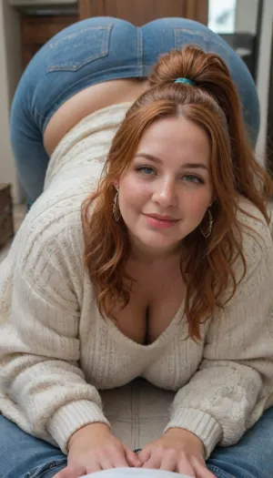 Mature, (oversized ssbbw:1.5), (oversized thick thighs and oversized wide hips:1.12), ass up oversized sweater, ginger hair, thick ponytail, gigantic overflowing cleavage, freckles on face, cute chubby face, lipstick, tight jeans, seductive posing, bent over to the camera, seductive smile, pov, ready to action
