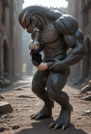 2B, white hair, short hair, black clothes, blue eyes, black hairband, yorha no. 2 type b, ruins, small frame, red eyeshadow, looking away, side view, small innie pussy, tiny ass, (size difference:1.6), full body view being fucked by a huge Venom, carry fuck, anal sex, (brutal thick monster cock:1.6), onarmor, meatshield, fannypacking, <lora:267502_training_data:.5>, <lora:onarmor_xl:.8>