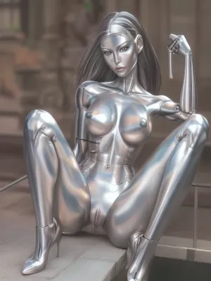 Brunetka 25 lat, nude, silver skin, style haime sorayama art, woman-cyborg, metal skin, cyborg woman, steel skin, dziewczyna ma stalową skórę, Ciało pokryte metalem