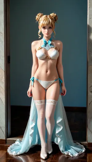 beautiful girl, short pixie haircut, blonde, bare breasts, looking at the viewer, 4ng3l, face, detailxl, WhiteRealStockings, fashion bikini, underwear, Lace, braided, double, bun, floofy, bob, side, twin, drills, twintails, ojou, curls, mega, ponytail, big, hair, carefree innocent look, full body view, <lora:xl_more_art-full_v1:.5>, <lora:SDXL_BetterFaces-LoRA_v1:.5>, <lora:WhiteRealStockings_XL:.5>, <lora:Bikini_02_lora:.5>