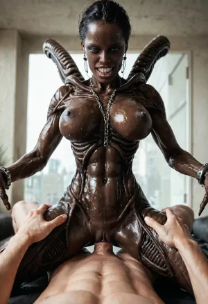 Super realism, ((black skin)), xenomorph queen with human face, ((spread hands)), chained to the walls, cell, black-skinned female, no tail, no hair, ((perfect woman face)), (((human face))), ((perfect human pussy)), pussy fucking, big dick, monster cock, POV, human massive dick, fuck with man, high detail pussy, high realistic, beautiful 20yo woman face, ((front of head human from forehead transitioning to elongated back part xeno)), ((human face of beautiful woman with normal teeth and eyes)), oiled body, wet body, breast, grab, cowgirl, position, girl, on, top, straddling, grabbing, sex, vaginal