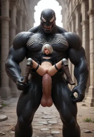 2B, white hair, short hair, black clothes, blue eyes, black hairband, yorha no. 2 type b, ruins, small frame, red eyeshadow, looking away, dynamic view, pussy focus, small innie pussy, tiny ass, (size difference:1.6), full body view being fucked by a huge Venom, carry fuck, gaping anal sex, (brutal thick monster cock:1.6), onarmor, meatshield, fannypacking, <lora:267502_training_data:.5>, <lora:onarmor_xl:.8>