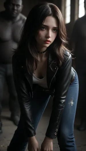 Petite beautiful sexy slender 18 year old brunette’s long haired woman, Russian super model, (tight skinny jeans), . leather belt. She has very huge boobs, wearing a tight open latex jacket, a very cute face, fucked hard by a monster gorilla, Wearing a fat leather choker, ((bending over)), . high heels platform boots, bukkake, cum, <lora:dark:.8>