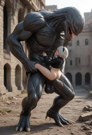 2B, white hair, short hair, black clothes, blue eyes, black hairband, yorha no. 2 type b, ruins, small frame, red eyeshadow, looking away, side view, small innie pussy, tiny ass, (size difference:1.6), full body view being fucked by a huge Venom, carry fuck, anal sex, (brutal thick monster cock:1.6), onarmor, meatshield, fannypacking, <lora:267502_training_data:.5>, <lora:onarmor_xl:.8>