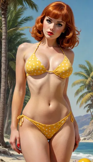 ((full body view, wide angle view)), NSFW, frank Frazetta sketch of Vintage beach movie poster, (redhead bob-cut hair with bangs), Latina, blue eyes, orgasm facial expression, cleavage, (((itsy-bitsy yellow polka dot bikini))), shaved pussy, pinup, red lipstick, JC Leyendecker, Ron Cobb, Norman Rockwell, 1960s PULP, triadic Colors, French Riviera themed background, breasts, big, boobs, huge, tits, <lora:bombshell_v2:.7>