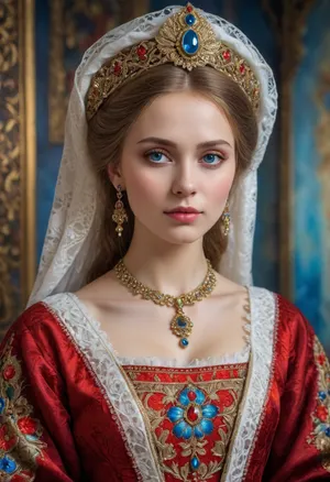 Portrait of a Russian beauty in national costume, lace filigree of bright, rich color. Super clear, highly detailed watercolor, glaze technique, plus colored alcohol ink, style of V. Vasnetsov