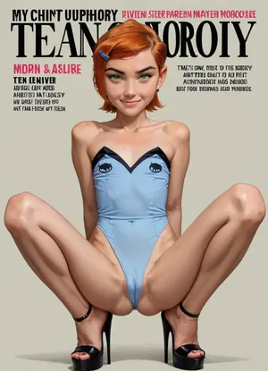 ((full body in shot)), ((detail Gwen Tennyson)), ((skinny body)), Photorealistic, wide angle, A vintage image of a short thin woman, (detail presenting detailed cameltoe:1.2), wide thigh gap, petite, (skinny:1.2), ((flat chested)), orange hair bob cut, (detail blue clip in hair:1), very high platform high heel stripper shoes, ((magazine)), ((high quality)), ((cute face)), excited look, (covered pussy), ((playboy cover)), magazine, cover, gwen, tennyson, (/Ben10), /, (ultra, HD, quality, details), bright, orange, hair, short, (green, eyes), <lora:playboy_cover_SDXL_v1:.5>, <lora:Gwen Tennyson (Ben10) - XL SCXL V1.0:1.1>