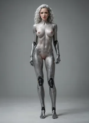 High resolution, super detailed, super realistic, Brunetka 25 lat, nude, silver skin, woman-cyborg, metallic skin, cyborg woman, steel skin, full body, perfect face, perfect metalic pussy