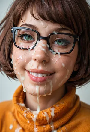 close shot of bukkake, happy and smiling, hd light green eyes and detailed iris, cumshots, facial portrait picture of her face in cum facial, with natural minimal makeup, excessive cum on her face, cum on her eyelashes, Cum on her eyelids, Cum on her cheek skin, cum in her mouth, her face wet with Cum, Cum on her pink lips. cum on her hair, woman, cum on face, velma99, <lora:JustCum:2>, <lora:add-detail-xl:.1>