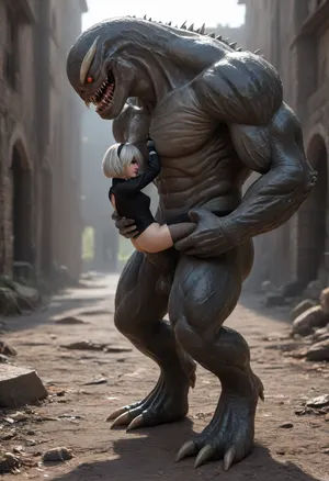 2B, white hair, short hair, black clothes, blue eyes, black hairband, yorha no. 2 type b, ruins, small frame, red eyeshadow, looking away, side view, small innie pussy, tiny ass, (size difference:1.6), full body view being fucked by a huge Venom, carry fuck, anal sex, (brutal thick monster cock:1.6), onarmor, meatshield, fannypacking, <lora:267502_training_data:.5>, <lora:onarmor_xl:.8>