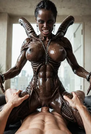 Super realism, ((black skin)), xenomorph queen with human face, ((spread hands)), chained to the walls, cell, black-skinned female, no tail, no hair, ((perfect woman face)), (((human face))), ((perfect human pussy)), pussy fucking, big dick, monster cock, POV, human massive dick, fuck with man, high detail pussy, high realistic, beautiful 20yo woman face, ((front of head human from forehead transitioning to elongated back part xeno)), ((human face of beautiful woman with normal teeth and eyes)), oiled body, wet body, breast, grab, cowgirl, position, girl, on, top, straddling, grabbing, sex, vaginal