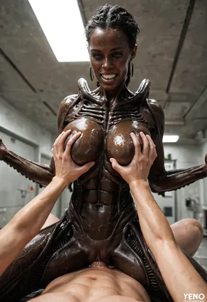Super realism, ((black skin)), xenomorph queen with human face, ((spread hands)), chained to the walls, cell, black-skinned female, no tail, no hair, ((perfect woman face)), (((human face))), ((perfect human pussy)), pussy fucking, big dick, monster cock, POV, human massive dick, fuck with man, high detail pussy, high realistic, beautiful 20yo woman face, ((front of head human from forehead transitioning to elongated back part xeno)), ((human face of beautiful woman with normal teeth and eyes)), oiled body, wet body, breast, grab, cowgirl, position, girl, on, top, straddling, grabbing, sex, vaginal