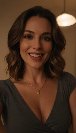 Raw picture, iPhone 15 pro photo, warm light, Average tall mature woman with dark brown wavy short mid length hair, 35 years old, looking at the camera, smiling, small boobs, wide hips, slim, brown necklace, taking a selfie in living room, flashphoto, showing her boobs, opened mouth, dark light, skin detailed with skin imperfections, grey dress