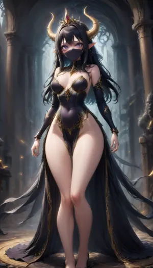(1 beautiful elf woman standing on a dark castle balcony), ((golden elven tiara with 2 large gold horns)), (kblack veil covering lower face), wide angle, front view, (irritated expression), small head, small older face, black hair, ((extremely pale skin)), ((long straight hair)), ((black armor with gold trim)), gold pauldrons that look like goblets, ((fully clothed)), long thick eyelashes, purple eyes, (((extremely petite body))), medium breasts, small waist, bubble butt, (((thin petite legs))), ((small evil eyes)), perfect face, elegant elven castle at night, sam, yang, DonMV31l0fD4rkn355XL, <lora:aesthetic_anime_v1s:2>, <lora:cfg_scale_boost:2>, <lora:outline_xl_kohaku_delta_spv5x:2>, <lora:DonMV31l0fD4rkn355XL:2>