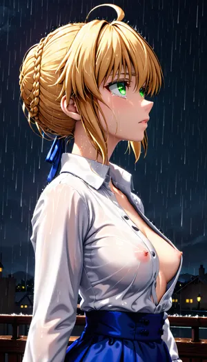 Dramatic situation, 3D digital style photo, High detailed photo, ultra high quality, 4k, Profile, Face of Artoria Pendragon, Fate Stay Night, looking up into the sky, head bent back, perfect emerald eyes, tears in her eyes, neck, chest, (white blouse unbuttoned:1.1), night, wing, rain, (only one nipple showed)