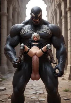 2B, white hair, short hair, black clothes, blue eyes, black hairband, yorha no. 2 type b, ruins, small frame, red eyeshadow, looking away, dynamic view, pussy focus, small innie pussy, tiny ass, (size difference:1.6), full body view being fucked by a huge Venom, carry fuck, gaping anal sex, (brutal thick monster cock:1.6), onarmor, meatshield, fannypacking, <lora:267502_training_data:.5>, <lora:onarmor_xl:.8>