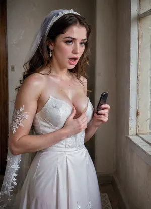 POV of someone secretly watching an Iranian slut super busty bimbo bride through a half-open door. interracial, super giant muscular black skin man, The camera angle is slightly hidden, as if the viewer is peeking from the hallway. The bride is completely unaware, facing away or in profile, in the middle of an intense phone call with the groom. Her expression is upset—angry, emotional, and raw. One hand is holding the phone, and the other is gesturing with frustration. She is dressed in a traditional Persian white wedding dress with delicate embroidery. One bridal shoe is on, the other still on the floor. Soft natural light enters from a side window, casting gentle shadows and creating a moody, cinematic atmosphere. The edge of the door or wall partially frames the image, enhancing the feeling of secrecy and voyeurism. The mood is tense, private, and emotionally charged—like a stolen moment before a wedding confrontation., sokate, <lora:sokate:.8>, <lora:dAIversityUnderstandingXLRealistic:.8>, detailed, eyes, perfect, freckles, skin, texture, photorealistic, <lora:Super_Eye_Detailer_By_Stable_Yogi_SDPD0:.8>, supermodel, face, big, lips, <lora:Beautify-Supermodel-SDXL:.8>, raw, lighting, overexposed, harsh, flash, <lora:Rawfully Stylish v0.2_epoch_20:.8>
