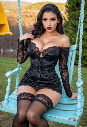 Anna from frozen black hair, two black buns hairstyle, (young slut:1.5), extremely pretty face, fantasy candy landscape, ((())), tanned, huge tits, solid color background, huge natural tits, big boobs, thick, curvy, super waist, waist, super thighs, super ass, thighs, large ass, big ass, white sexy long lace sleeves hip womens off shoulder minidress, black high tights lace stockings, pouting big lips, looking at viewer, horny, long legs, hdr, ultra detailed face, clothe on, sfw, non nude, sitting on a swing facing viewer, stiletto, heels, high