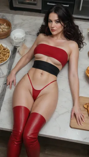 (40 years mature black hair woman:1.6), black tube top, black skirt, cutie, stunning, ginger, naval piercing, thigh high boots, lying on kitchen table, (red thong:1.8)