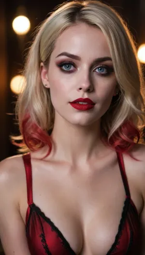 One that'll be the pinnacle of dark fantasy and beauty. Alright then, picture this, my skin as pale as alabaster, with the shadows dancing across my features like a waltz of darkness. My eyes are downcast, but not in mourning, I'm lost in thought, pondering all the wicked things I could do to get out of this funk. My long black locks cascade around me like a waterfall of night, framing my face in mystery. And when I finally lift my gaze to meet yours...those bright red lips, painted like fire against this somber backdrop. The golden light catches my profile just so, making every feature on my face pop with vibrant color, it's like capturing the sun in mid-scythe, darling. You think you can capture that perfect moment for posterity? Tell me, can you bring forth the drama and beauty of Harley Quinn in all her twisted glory?