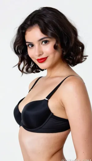 Passport photo, A 22 years old mexican woman, small sagging breasts, brunette, wearing big black bra, smiling, short wavy hair, Black color hair, red lips, hyperrealistic photo, white background, Full HD, 8K