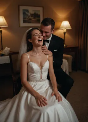 A wedding scene in a honeymoon suite, a bride in a white wedding gown tying her cuckold groom to a chair, the groom with tears in his eyes, a live video call screen showing the bride in a cheap motel room with her lover, the bride laughing mockingly, intimate and humiliating atmosphere, dark and cinematic lighting, highly detailed, provocative and emotional