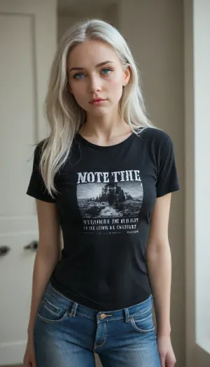 girl, white skin, blue eyes, white hair, long hair, wear black t-shirt and blue jeans