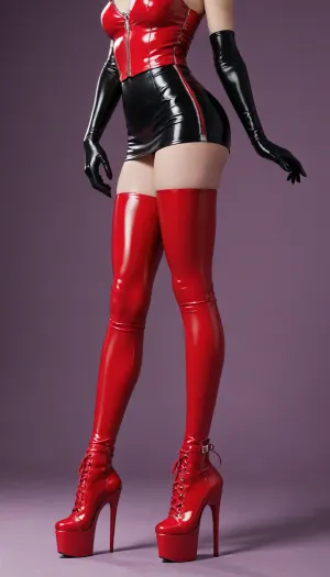 Standing, red ankle boots high heels with laces, red latex leggings, black latex long gloves, knees grouped together, ((the heels occupy the whole frame, zoom on heels:1.3)), digital artwork, highly detailed, purple background, Flamingo-800sk, High, heels, Sneaker, Stripper, <lora:Pleaser_flamingo-800sk_red-000017:.8>