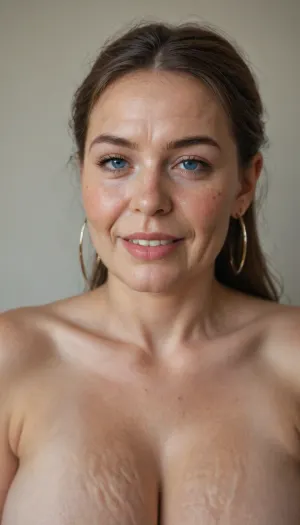(gilf:1.2), A realistic, life like photograph of a mature looking woman, she is 58 years old, long greying brunette hair in a layered hairstyle with bangs, tanned olive skin, no make up, hoop earrings, Fine lines around her eyes and mouth that are consistent with her age and add to the authenticity of her mature beauty, (cellulite:1.3), (face wrinkles), (chubby aged face), Ukrainian. Looking at viewer, blue eyes, detailed eyes, (obese), smiling, lips parted, plump lips, teeth showing