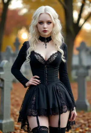 Young girl voluptuous woman very Big breasts 18 years old schoolgirl, Beshine, albino skin, extremely pale skin, veins showing through skin, outside, cemetery park, black roses all around, sunset, autumn leaves, realistic lighting, regal Black hunting dress with purple lace trim and silver adornment, mischievous smile at camera, long black wavy hair, dark makeup, extreme cleavage, hanging viewer a small black vial, Gothic style, art, fantasy, drawing in the style of realistic anime, dark, Gothic, high, heels, sexy, heel, 15, cm, boots, <lora:398313_training_data:.8>, <lora:MJ52:1.5>