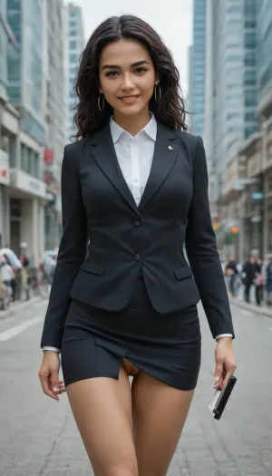 beautiful woman, (Latina:1.3), (long black hair:1.4), confident smile, (skyscraper façade:1.4), (business suit with skirt:1.6), (vagina peek:1.6), walking, (front view:1.5)