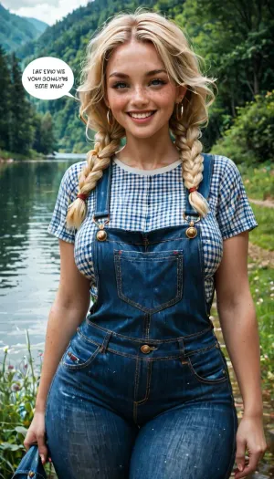 blonde braids, freckles, thick thighs, denim overalls, checked shirt, cleveage, standing by a river, holding, dialogue bubbles, large hips, heavy tits, smiling