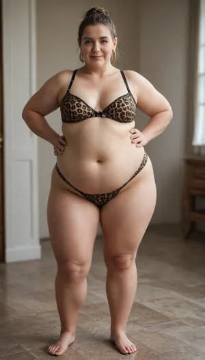 (obese:1.6), Very short, 50 year old mature woman, (Gilf:1.3), 1girl, solo, long_hair, (small breasts), smile, medium_breasts, ash_brown_hair, cleavage, bare_shoulders, big_eyes, beautiful_eyes, full_body, hoop earrings, barefoot, light_skin, wide hips, chubby belly, flabby, light-skinned_female, hand_on_hip, blurry_background, (leopard_print_high-cut_high-leg_full_brief_panties, bra), (masterpiece, detailed, highres:1.4)