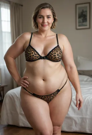 (obese:1.6), Very short, 50 year old mature woman, (Gilf:1.3), 1girl, solo, long_hair, (small breasts), smile, medium_breasts, ash_brown_hair, cleavage, bare_shoulders, big_eyes, beautiful_eyes, full_body, hoop earrings, barefoot, light_skin, wide hips, chubby belly, flabby, light-skinned_female, hand_on_hip, blurry_background, (leopard_print_high-cut_high-leg_full_brief_panties, bra), (masterpiece, detailed, highres:1.4), cellulite