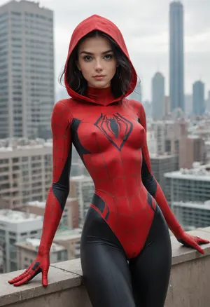 18 years old, beautiful face, ((Mayday Parker spider-girl outfit)), outfit has hood and gloves, black and red outfit, (very narrow waist:1.4), (black hair), athletic body, skinny body, petite, erect nipples, (cameltoe), bright sunshine, roof of modern skyscraper