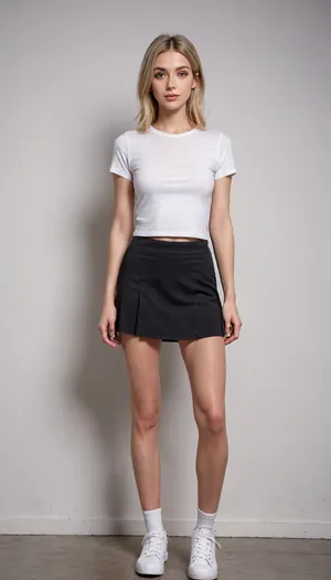 a tall slender blonde woman, model-like features, perfect face, beautiful face, (skinny legs), wearing a tight short T-shirt, black skort, (skirt-shorts), sheer black pantyhose, white sneakers, and ankle socks, standing in a confident pose, full body shot, soft studio lighting, clean background, elegant and casual streetwear, fashion magazine style, sharp focus, 8k, masterpiece, best quality, <lora:PrgXL_V1:.8>