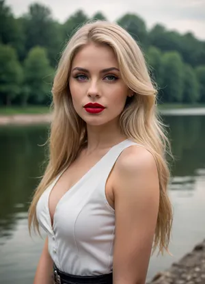 professional portrait, sexy blonde by the lake, very plump lips, red lips, extra long hair, photorealistic, highly detailed, 8K, perfect leather, deep look, A keen look, soft lighting, hazy atmosphere, beautiful landscape, Exquisite style