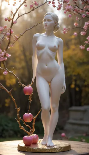 1 topless girl glass sculpture, girl in white skin colour, pink apples, golden stems, translucent leaves, stylized branch, shiny surface, reflective surface, inscribed base, fine craftsmanship, intricate design