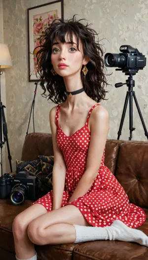 woman, black hair, pale skin, disney eyes, brown eyes, diamond shaped head, messy hair, bangs, black choker, pink lips, pear body, long neck, red polka dot dress, black long socks, sitting on a couch, legs closed, backroom casting couch, casting couch, looking at viewer, wide eyes, detailed face, nervous face, sitting on the middle of a couch, camera on tripod in the background, teary eye