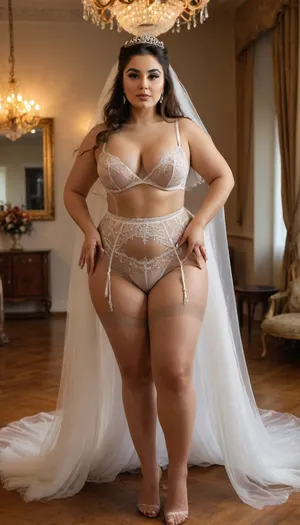 iranian super curvy sexy chubby Busty Bride, curvy body, A highly realistic and seductive bridal gown, inspired by lingerie design. The dress features a bold underbust cutout, partially covered with sheer nude mesh for a sensual look, revealing the lower curve of the breasts without full nudity. The hips and sides are made from transparent lace panels. The skirt is floor-length, made of flowing white tulle with a slight train. The bride is curvy and full-bodied, with the dress tightly hugging her figure. She wears a long, delicate bridal veil. The scene is inside a luxurious Iranian wedding hall, decorated with golden chandeliers and flowers. Photorealistic, soft lighting, fashion photography style., underb00bhalter, bikini, swimsuit, RealTanFFStocking, <lora:triangle-bikini-XL-000006:1.2>, <lora:RealTanFFStocking_XL:1.2>
