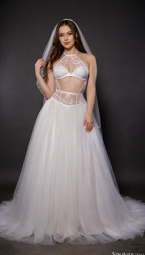 Design a modern wedding dress for a woman, featuring a bold and elegant upper part exactly like this, a sleeveless halter-style top made of glossy white satin with a crisscross neckline that ties at the neck, structured cups with underbust cutouts, and a sheer corset-style midsection with white boning and subtle floral embroidery, extending just above the waist. The lower part of the dress is a multi-layered tulle skirt with a modern, voluminous silhouette, starting from the waist and flowing to the floor with a short train, (approximately 50 cm), . The tulle skirt is adorned with delicate, sparse floral embroidery and has soft, wavy edges. The dress includes a long bridal veil, (reaching the waist), made of sheer tulle with floral-embroidered edges, draped over the shoulders. The overall color is pure white, combining glossy satin, sheer mesh, and lightweight tulle. The dress should exude a blend of modern boldness and classic bridal elegance, perfect for an unconventional wedding. The setting is a minimal, dark photography studio with a sleek black background, soft spotlighting to highlight the dress’s details, and a smooth, reflective floor for a dramatic effect., Ashley, Graham, <lora:UnderboobXL:1.1>, <lora:Ashley_Graham_XL-000005:1>, underb00bhalter, bikini, swimsuit, underboob, <lora:triangle-bikini-XL-000006:.8>