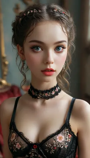 (((stand))), (((eye contact))), (((very young pretty girl))), Padme Amidala, Garterbelt, black, fabric, floral, embroidery, wearing, the, garterbelt, shock, (((moles all over the body))), (ultra realistic:1.3), (maximum quality:1.3), (high resolution:1.3), (extreme detail:1.3), (ultra realism:1.3), (maximum detailed skin:1.3), ((face, chest, navel, hips)), (((long big thick black eyelashes))), ((narrow waist)), ((wide hips)), ((makeup)), lipstick, (((eyes contact))), <lora:MJ52:.8>, <lora:GarterbeltXL:.8>, <lora:Oxygen girl_SDXL1.0:.2>, <lora:karina_sdxl_v10:.3>, <lora:Midjourney Image Enhancer XL v1:1>