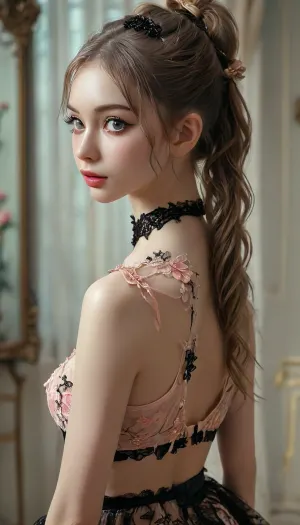 (((view from behind))), (((perfect round butt))), (((looks back at viewer))), (((stand))), (((high ponytail))), (((skinny))), (((eye contact))), (((very young pretty girl))), belly cutout, transparent, Padme Amidala, Garterbelt, black, fabric, floral, embroidery, wearing, the, garterbelt, shock, (((moles all over the body))), (ultra realistic:1.3), (maximum quality:1.3), (high resolution:1.3), (extreme detail:1.3), (ultra realism:1.3), (maximum detailed skin:1.3), (((face, chest, navel, hips))), (((long big thick black eyelashes))), ((narrow waist)), ((wide hips)), ((makeup)), ((blush)), lipstick, (((eyes contact))), <lora:MJ52:.5>, <lora:GarterbeltXL:.5>, <lora:Oxygen girl_SDXL1.0:.2>, <lora:karina_sdxl_v10:.3>, <lora:Midjourney Image Enhancer XL v1:.8>