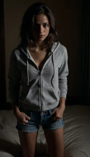 Nighttime. A POV photo of a skinny young woman getting undressed by the male viewer in a cozy, warmly lit hotel bedroom in Porto. She is petite, has a darkly tanned skin, flowing tousled hair. She’s dressed in high-waisted, light-blue jean shorts., ((The hands of the male viewer unzip her cropped, light-gray zip-up hoodie.)), She looks directly at the viewer with a soft, slightly mischievous smile, her eyes glimmering in the candlelight, creating a romantic and intimate atmosphere. Soft, warm shadows fill the room, enhancing the cozy, candlelit ambiance against a nighttime darkness outside the window, <lora:dark:.8>