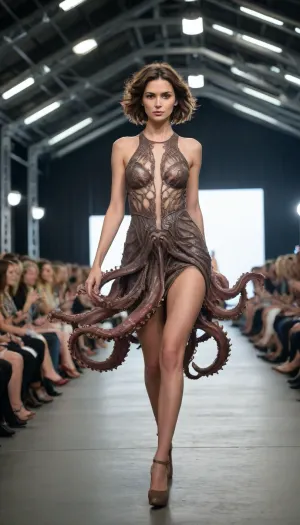 A hyper-realistic fashion photograph runway, full body shot of a 35-year-old spanisch female model with medium-length, brown hair and brown eyes, walks directly towards the camera, wearing a dramatic dress inspired by octopus tentacles, complete with flowing silicone appendages that mimic the movement and tactile sensation of a live octopus, modern industrial hall, stunning backdrop, metal, audience members sitting with good distance along either side of the runway, scattered throughout the venue are photographers, their cameras clicking rhythmically to capture the fleeting moments of grace and style, Modern and brightly lit, fujicolor superia x-tra 400, HDR