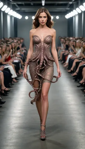 A hyper-realistic fashion photograph runway, full body shot of a 35-year-old spanisch female model with medium-length, brown hair and brown eyes, walks directly towards the camera, wearing a dramatic dress inspired by octopus tentacles, complete with flowing silicone appendages that mimic the movement and tactile sensation of a live octopus, modern industrial hall, stunning backdrop, metal, audience members sitting with good distance along either side of the runway, scattered throughout the venue are photographers, their cameras clicking rhythmically to capture the fleeting moments of grace and style, Modern and brightly lit, fujicolor superia x-tra 400, HDR