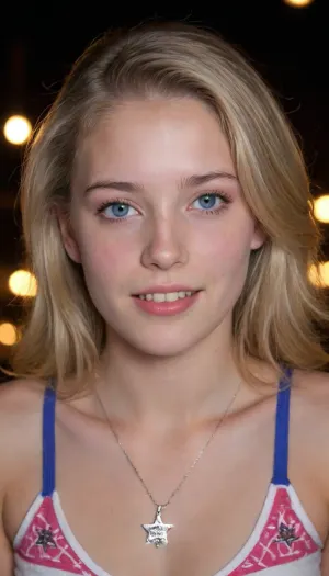 (((Dark Room))), (((little lighting))), (((Night time))), (((camera flash))), light off, (harsh flash:1.2), (((Amateur Photo))), (((candid Photo:1.3))), (Teen:1.8), (shot on an iphone:1.3), 18 year old fashion model, young Cybill Shepherd face, posing, amateur Polaroid instant photo, night time dark room, lights off, bad lighting, flash photography, intimate pose, long hair, exposed breasts, dirty blonde, ((bright blue eyes)), dark eyebrows, perfect eyes, thick waist, small tits, wide hips, big ass, highest quality, insanely detailed photo, masterpiece, detailed skin texture, (chubby:1.2), ((mouth slightly open, dull look)), wearing an elegant silver six-pointed "Star-of-David" necklace